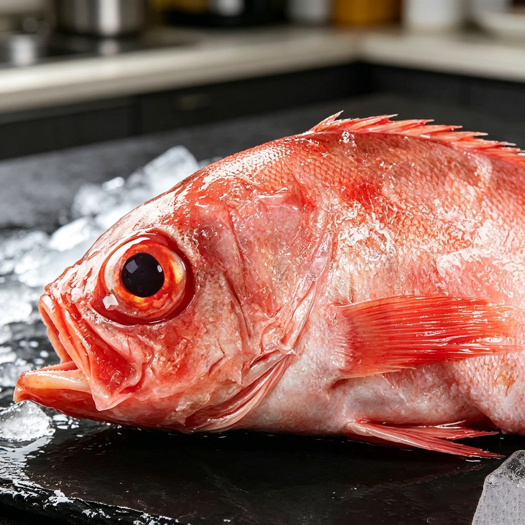 Whole red rockfish on ice - view 1