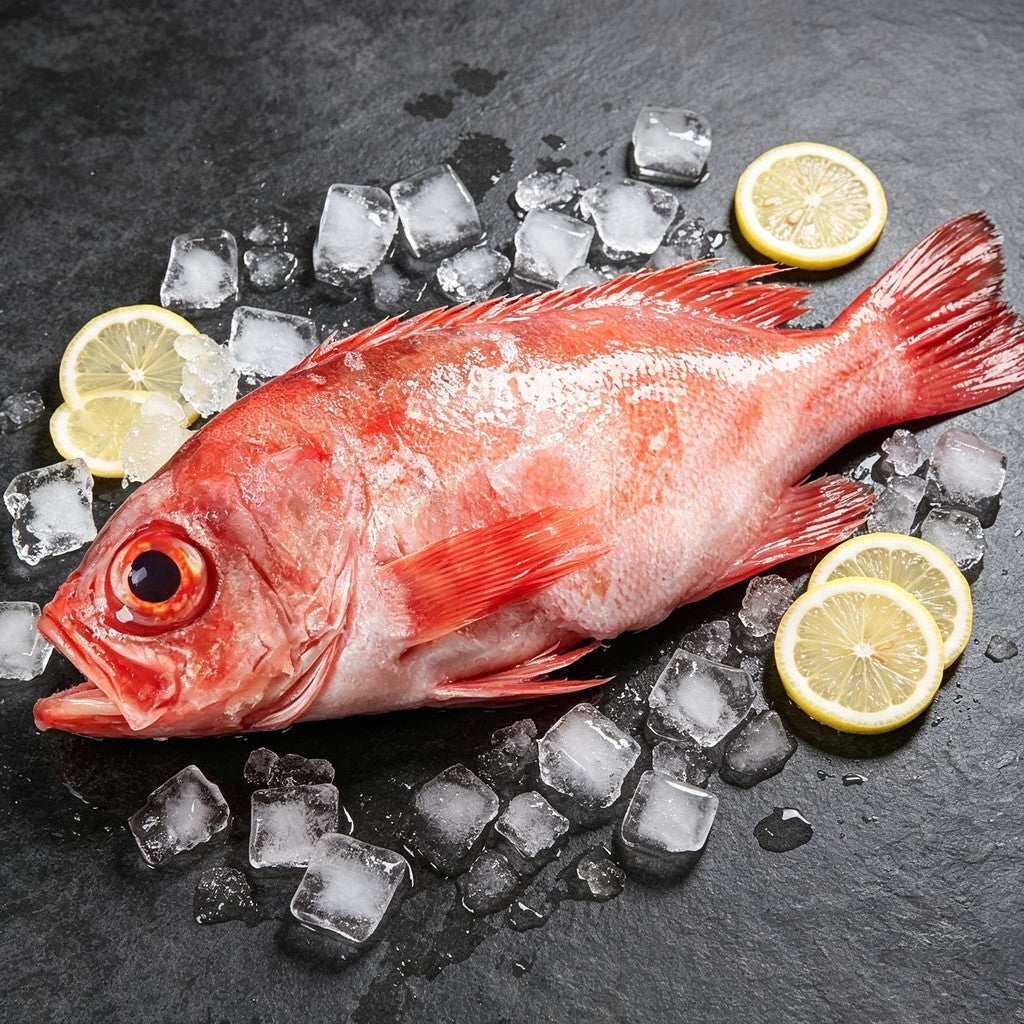 Whole red rockfish on ice - view 2